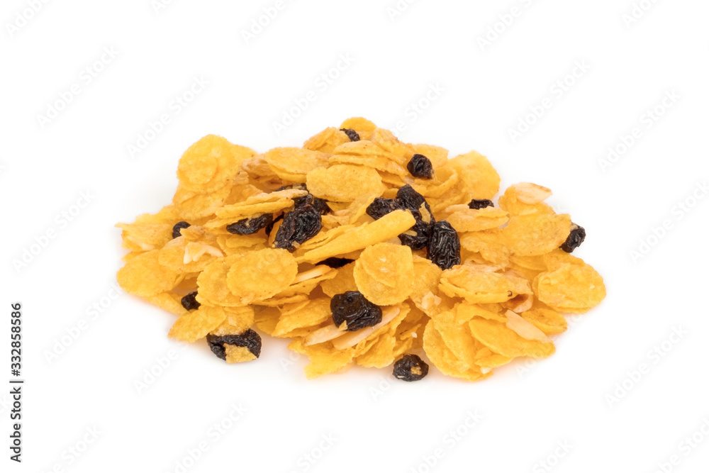 crispy honey cornflakes with raisin isolated on white backgrond crispy honey cornflakes with raisin isolated on white backgrond