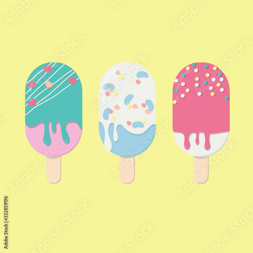 Set of cute popsicles with colorful spinkles vector banner for summer. photo