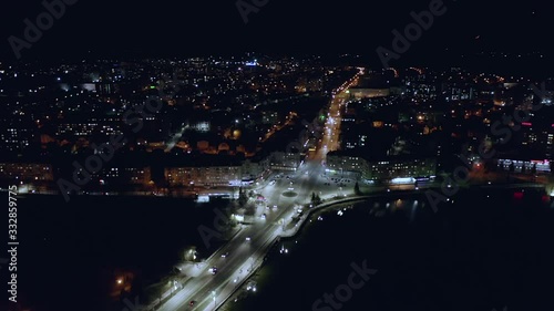 Top view of night city with cars and night lights. night Ternopil. Ukraine. Night life.