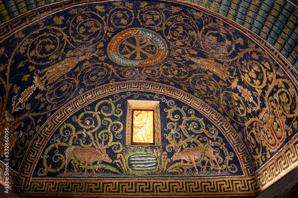 The oldest and most perfect mosaic monument, empress Galla Placida Mausoleum, in Ravenna, Italy.