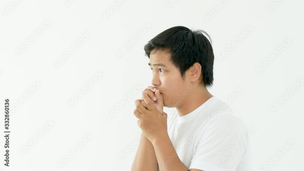 Man has a sore throat and cough. This is a one of coronavirus symptom. Other name of this disease calls COVID-19. Person model is on white background. Health care footage video in full HD resolution. Man has a sore throat and cough. This is a one of coronavirus symptom. Other name of this disease calls COVID-19. Person model is on white background. Health care footage video in full HD resolution.