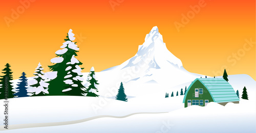 Winter landscape with Zermatt peak and hunter house in Switzerland style. Vector illustration.