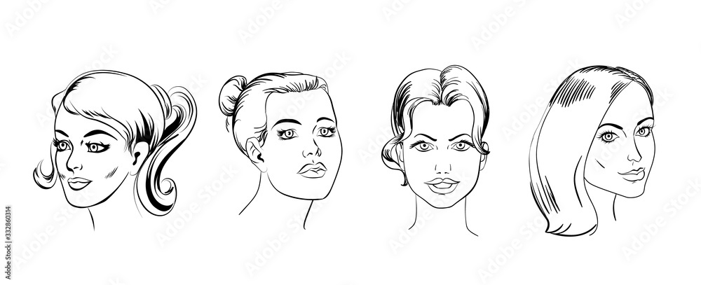 Cartoon young girl faces collection in line art style. Use it for print or web poster design creation. Cartoon young girl faces collection in line art style. Use it for print or web poster design creation.