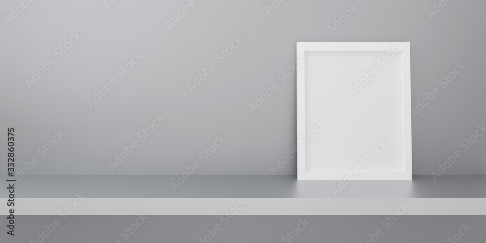 White paper frame photo isolated on gray background in gallery. Empty shop shelf on wall. Realistic picture frame on book shelf. 3d rendering design for mockup, display product object. Interior home. White paper frame photo isolated on gray background in gallery. Empty shop shelf on wall. Realistic picture frame on book shelf. 3d rendering design for mockup, display product object. Interior home.