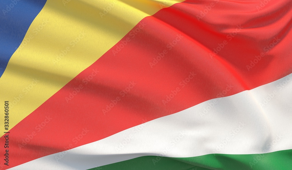 Waving national flag of Seychelles. Waved highly detailed close-up 3D render.