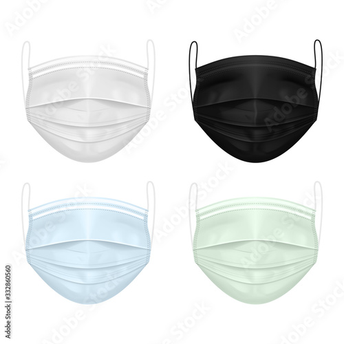  Set of medical masks of different colors: white, black, blue, green. Protection against the virus, coronavirus, infections. Vector EPS 10 .