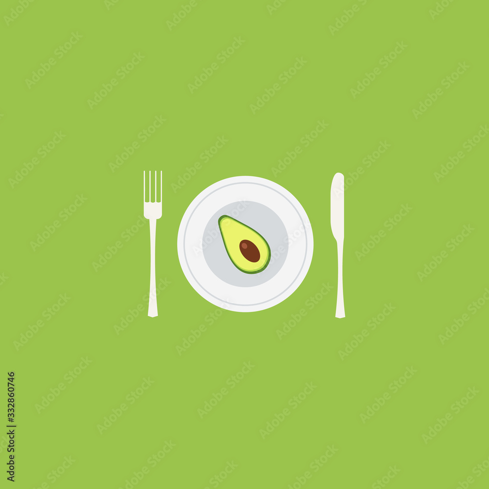 Vector illustration of Avocado on the plate with fork and knife. Clean Eating diet Concept.