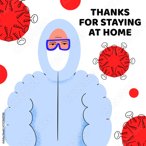 Thanks for staying at home. Pandemic medical concept banner with dangerous cells.Vector illustration. Coronavirus outbreak. 2019-nCoV background.