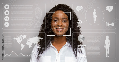 Billede på lærred Facial verification of African American lady on grey background, double exposure