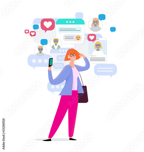 Cartoon style character with social media application windows around. Time management poster design.