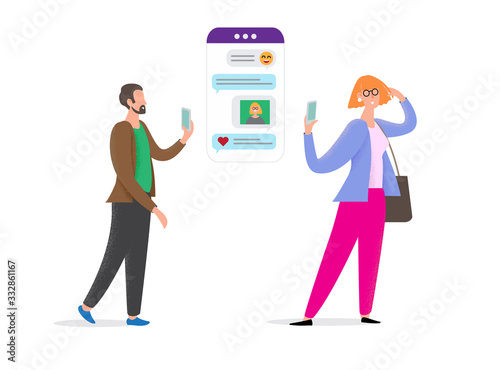 Cartoon style character with social media application windows around. Time management poster design.