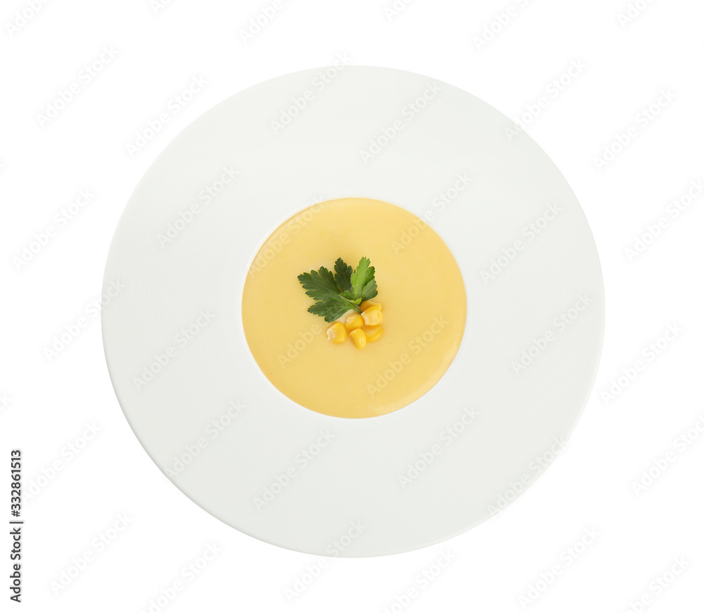 Delicious corn cream soup isolated on white, top view Delicious corn cream soup isolated on white, top view