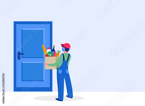 Food delivery service concept, online order tracking. Warehouse, truck and scooter courier, with a delivery man in a respirator mask. Vector illustration