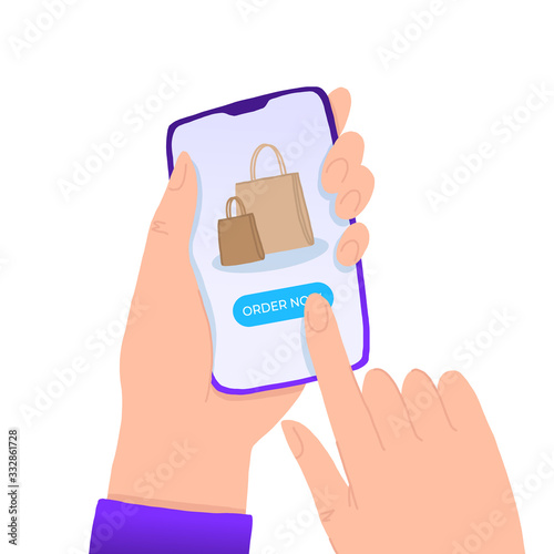 Hand holding smart phone with order now button on the screen. E-commerce flat design concept. Using mobile smart phone for online purchasing. Order from home.