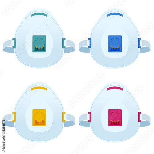 Flat Industrial safety N95 medical respirator or mask illustrations isolated on white. Safety breathing masks.
