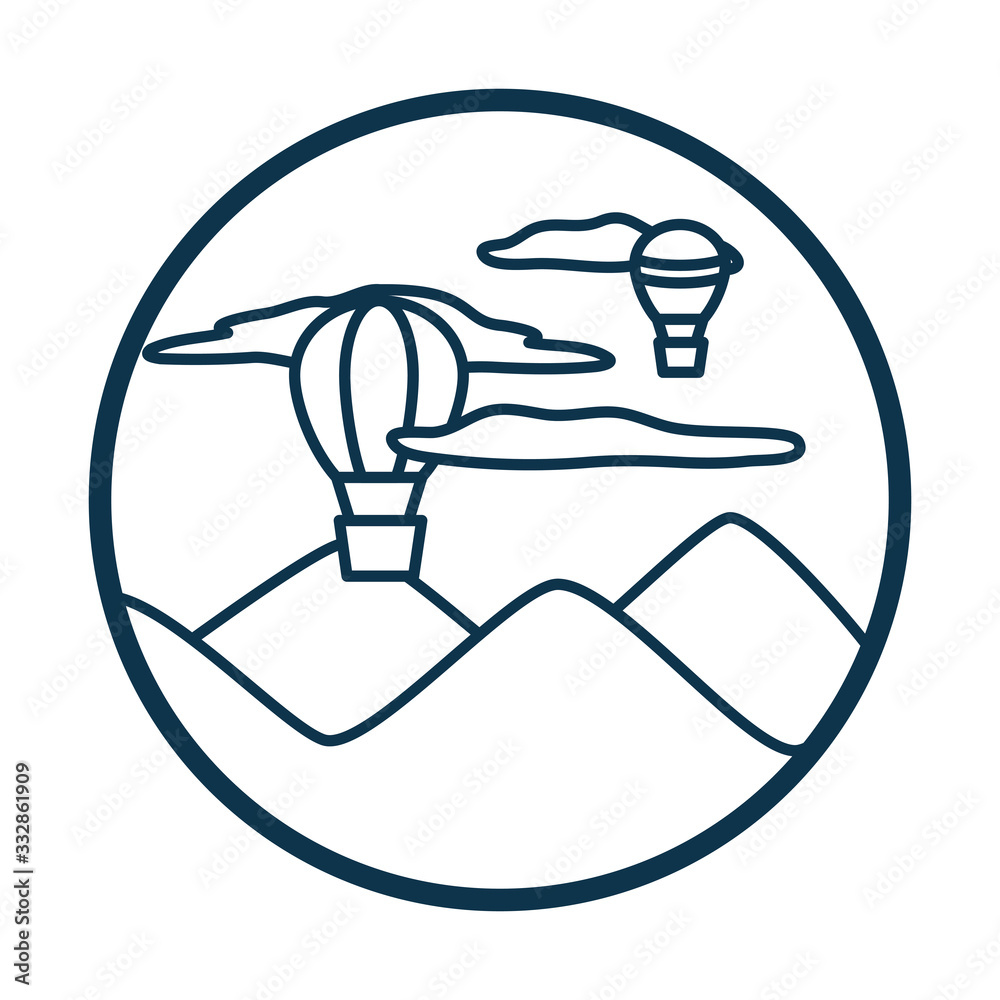 hot air balloons clouds and mountains line style icon vector design hot air balloons clouds and mountains line style icon vector design