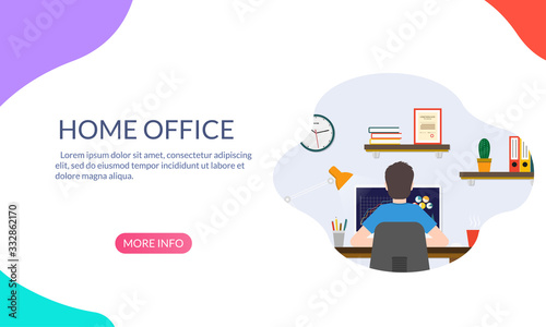 Home office banner design. Workplace with desk and computer. Freelancer workspace concept. Man working or learning at the table. Vector illustration.