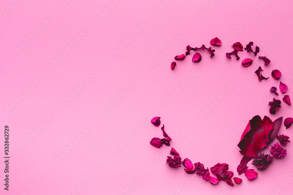 Round composition of dried flowers on a pink paper background. A wreath of grass and dried flowers. Flat lay, Copy space
