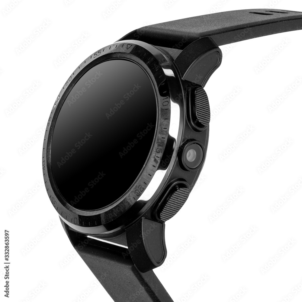 Obraz premium Wireless smart watch in a round glossy black case with numbers on the rim, buttons and a camera and a silicone strap on a white background. Three quarter view close up