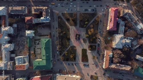 Top view of the city from a height. Urban architecture.