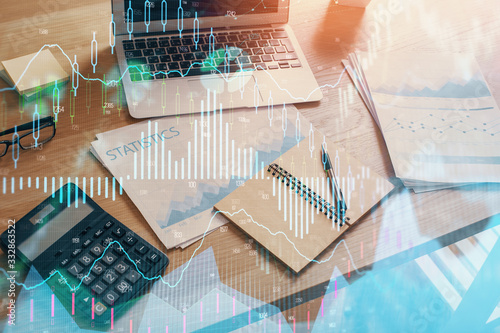 Multi exposure of forex chart and work space with computer. Concept of international online trading.