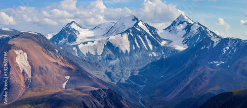 Mountain landscape, panoramic view. Snow-capped peaks, glaciers. Mountain climbing and mountaineering.