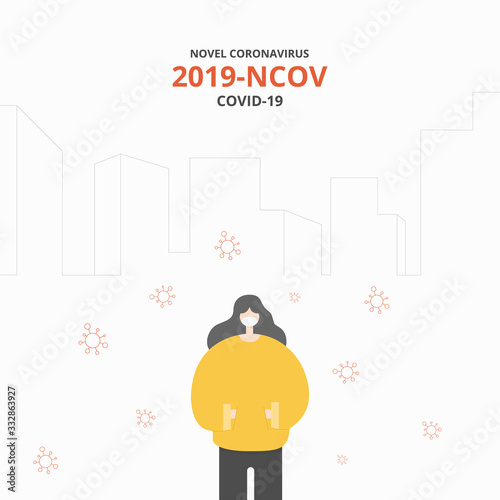 Novel coronavirus (2019-nCoV). Woman wearing medical face mask walking in urban. Global virus and disease spread. China pathogen respiratory infection. Vector illustration.