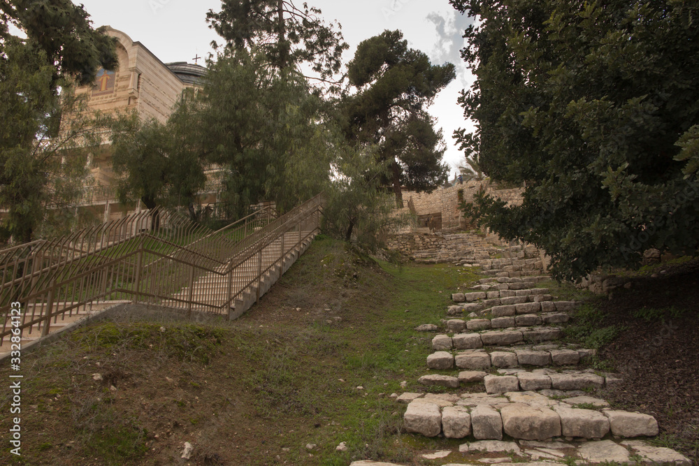 Jerusalem, Israel, ancient staircase near Church of Saint Peter in Gallicantu