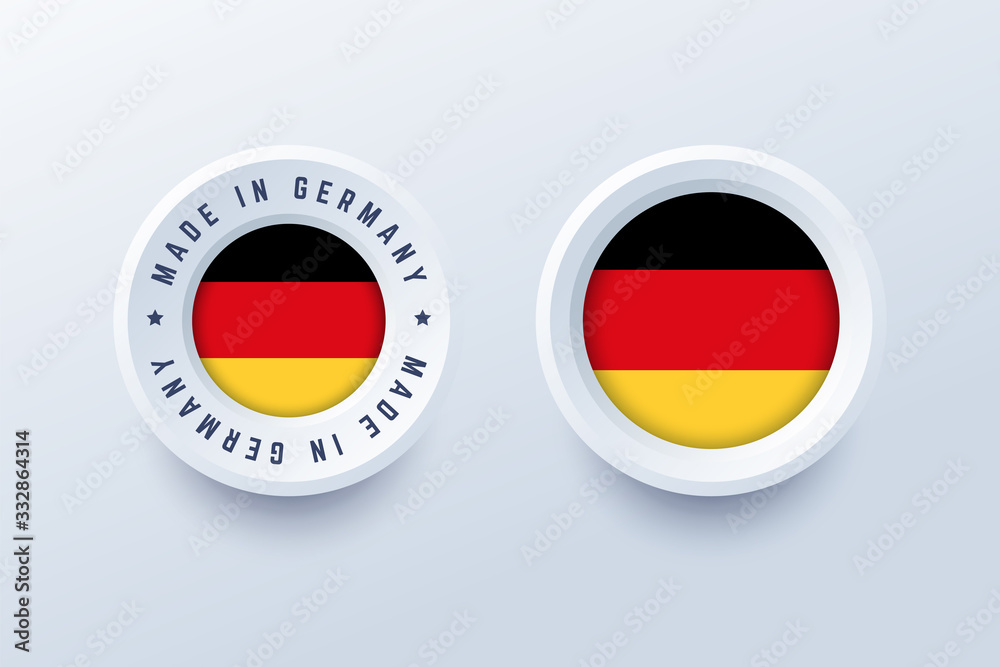 Made in Germany round label, badge, button, sticker with German national flag. Vector illustration in 3d style for German producers.