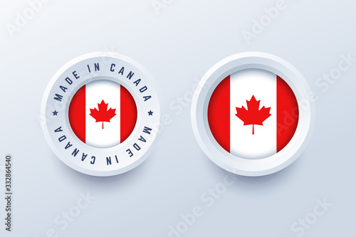 Made in Canada round label, badge, button, sticker with Canadian national flag. Vector illustration in 3d style for Canadian producers.