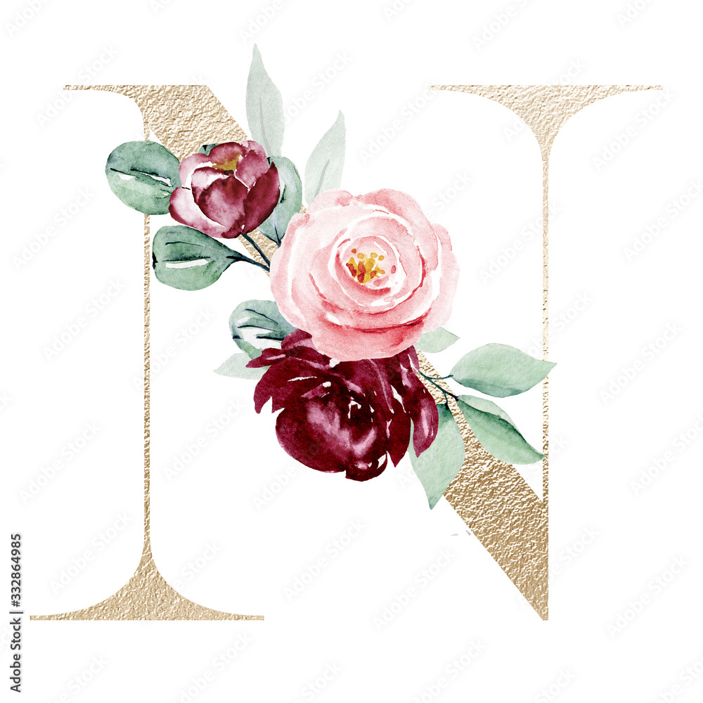 Gold letter n with watercolor flowers and leaves hand painting ...