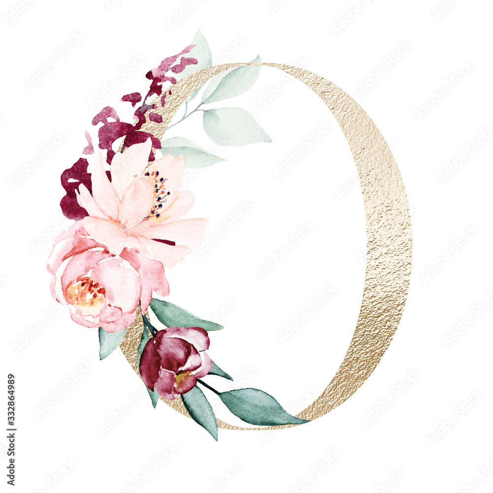 Gold letter o with watercolor flowers and leaves hand painting ...
