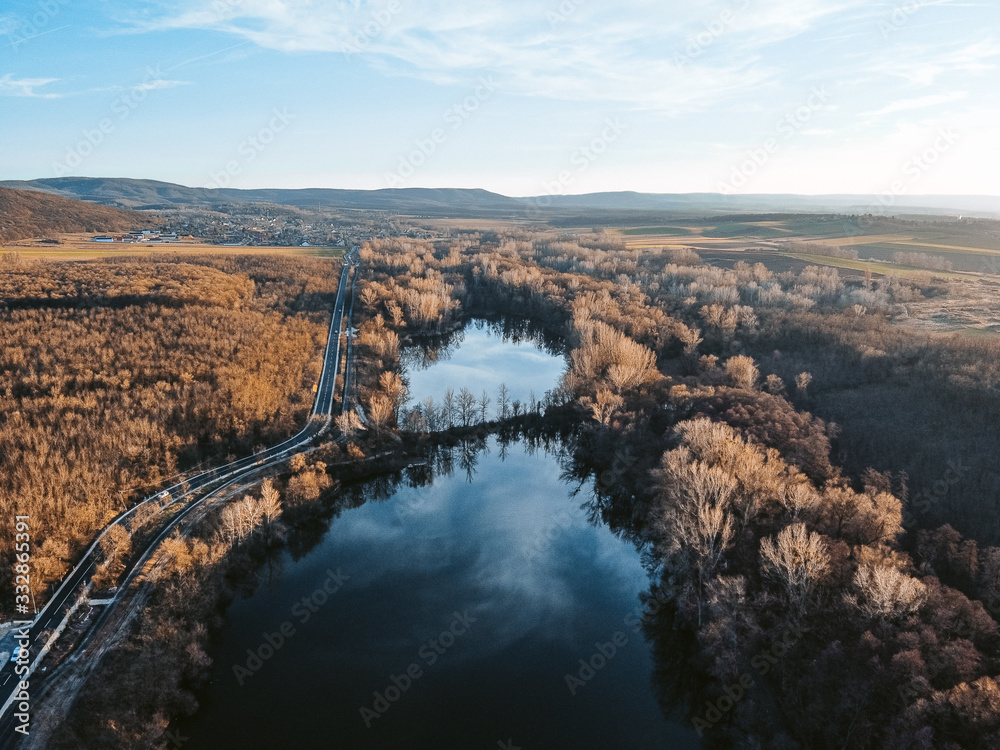 Aerial view of lakes and forest, drone shot.