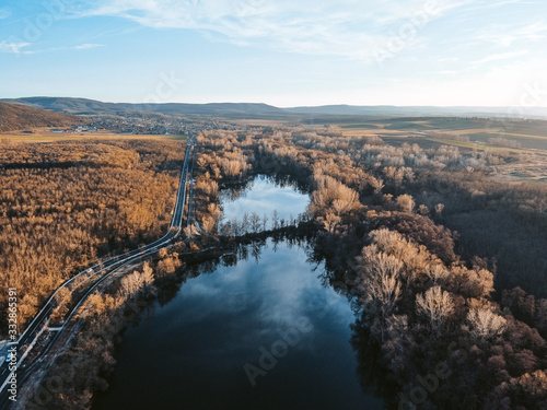 Aerial view of lakes and forest, drone shot.