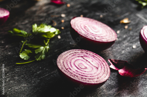 close up of sliced red onion, intended as a background image