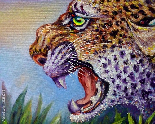 Fototapeta obraz olejny Portret tygrysa lamparta patrzącego na jedzenie