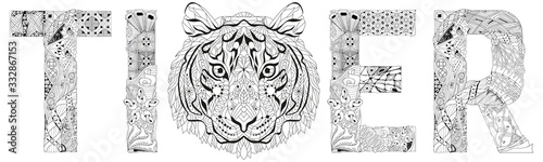 Photography Word tiger. Vector zentangle object for coloring