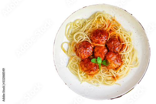 pasta spaghetti meatballs tomato sauce, main course Menu concept, food background, diet. top view. copy space for text