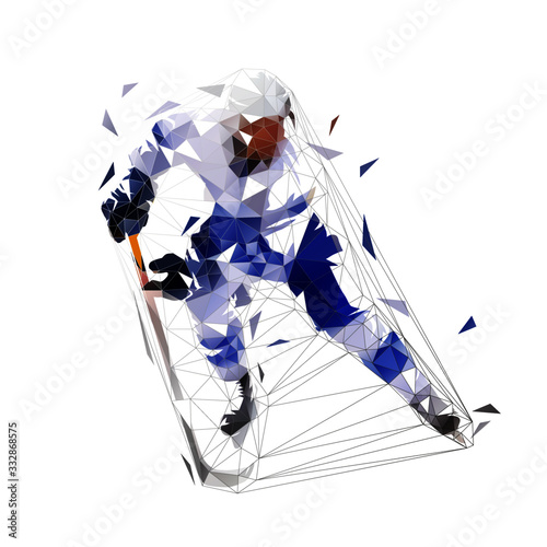 Ice hockey player in blue jersey skating, isolated low polygonal vector illustration. Front view