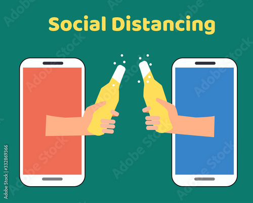 Social Distancing with COVID-19 crisis concept: There are two hands from mobiles hold bottle of cold beer for celebrate together. Protect corona virus. Cartoon vector style for your design.