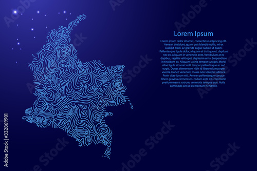Colombia map from blue isolines or level line geographic topographic map grid and glowing space stars. Vector illustration.