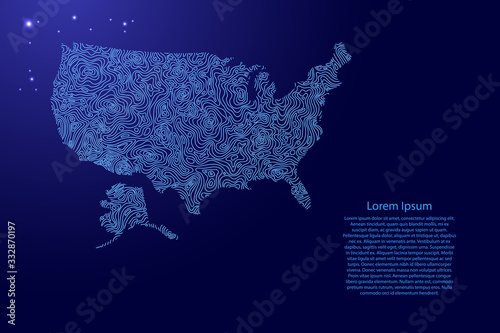 United States of America, USA map from blue isolines or level line geographic topographic map grid and glowing space stars. Vector illustration.