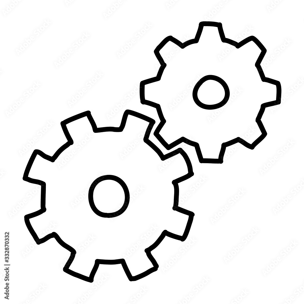 Vector hand drawn simple style illustration drawing of two connected working gears isolated on white background