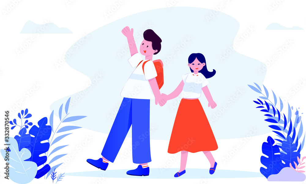 A couple go outing, go out to relax,  go on a trip,Web vector illustration on the theme of Trekking, Hiking, Walking. Sports, outdoor recreation, adventures in nature, vacation. 