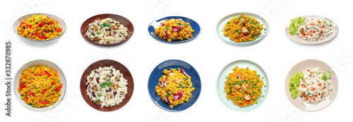 Collage of delicious pilaf with different ingredients on white background. Banner design