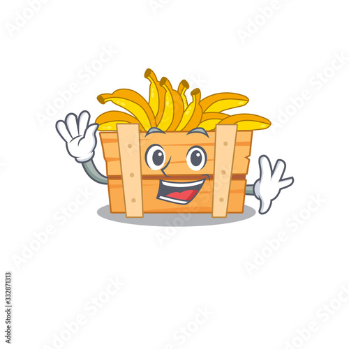 Smiley banana fruit box cartoon mascot design with waving hand