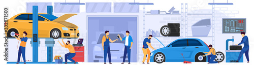 Car service, professional maintenance and diagnostic, vector illustration. Mechanic in work uniform, men cartoon characters repairing cars in garage workshop. Automobile service center, people at job