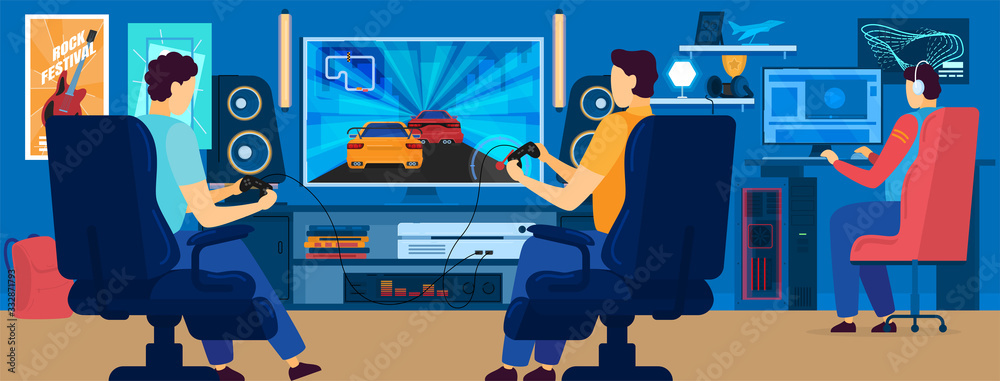 Fototapeta Men playing video games in modern gaming room, vector illustration. Cartoon characters, guys playing car race on computer screen. Gaming club, online entertainment hobby, people play car racing