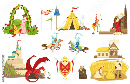 Fairytale story of knights and dragons, Medieval legend, vector illustration. Set of isolated icons, people cartoon characters, king and court jester, peasants, monk. Middle ages fantasy fairy tale