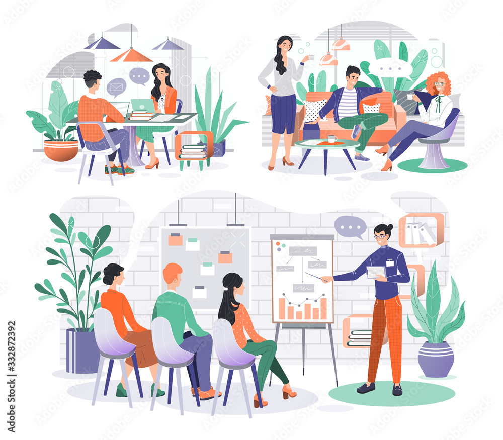 Fototapeta premium Business team working on a project, creative startup cooperation, vector illustration. Cozy coworking office, project meeting, teamwork business. Friendly colleagues, people cartoon characters